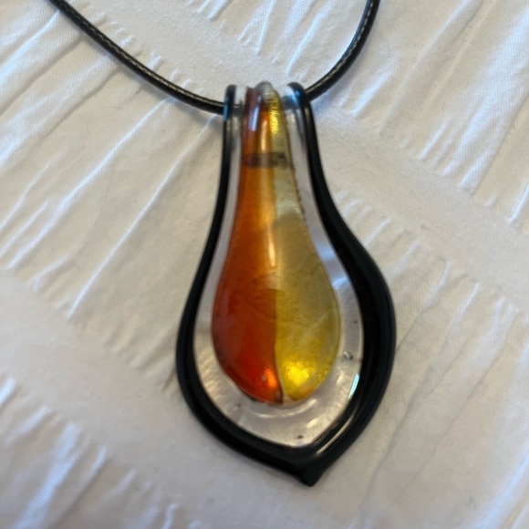 PENDANT Glass Teardrop Orange Yellow and 20" Leather Cord Necklace Modern Chic - Picture 2 of 5